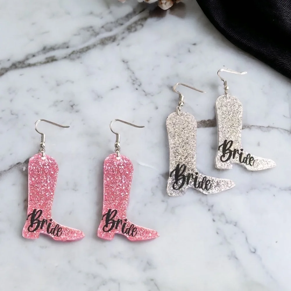 Silver Sparkle: Chic Bride Boot Earrings to Shine at Your Bachelorette Party!